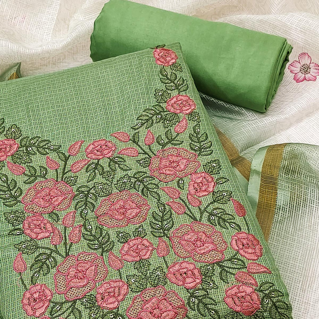 Green Kota Doria Dress Material Adorned With Delicate Floral Sequins Embroidery Work