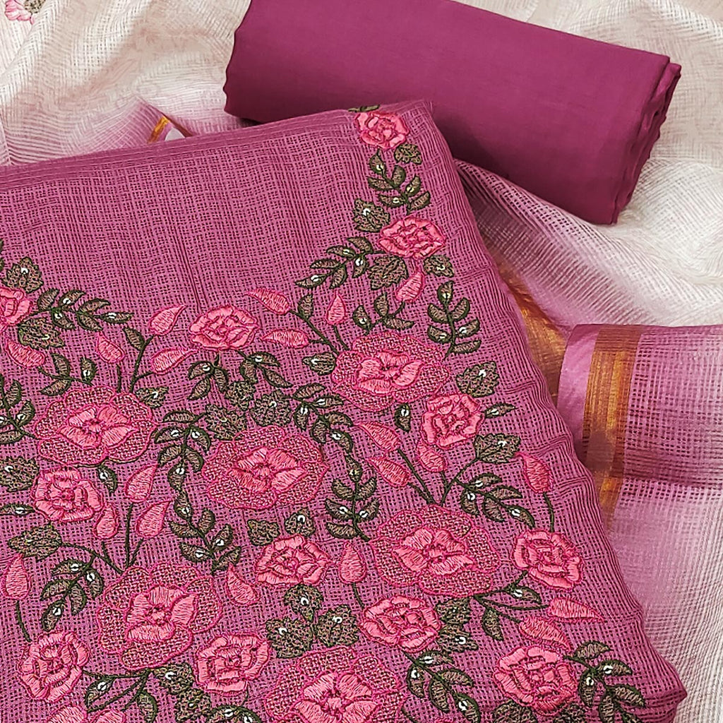 Magenta  Kota Doria Dress Material Adorned With Delicate Floral Sequins Embroidery Work