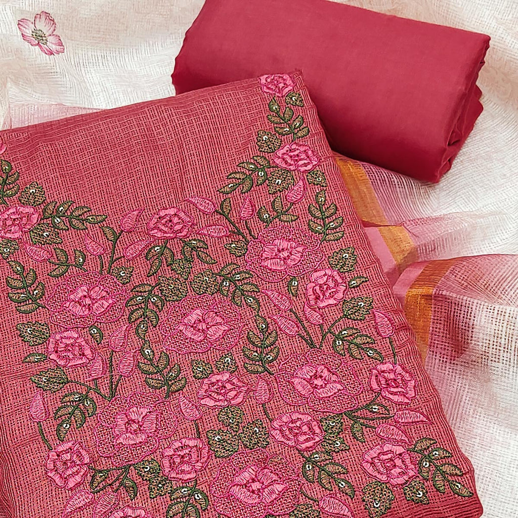 Pink Kota Doria Dress Material Adorned With Delicate Floral Sequins Embroidery Work