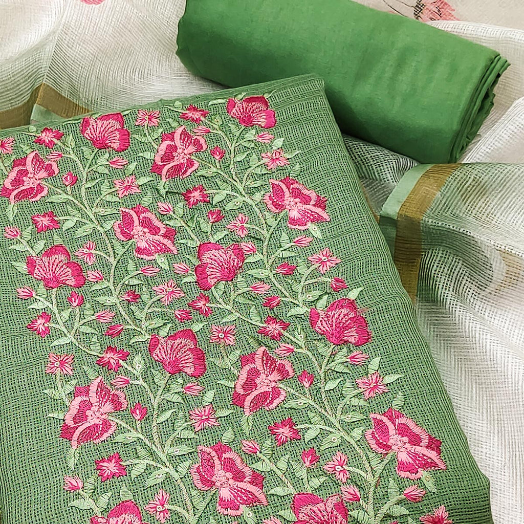 Green Kota Doria Dress Material With Intricate Floral Motifs & Sparkling Sequins Embroidery