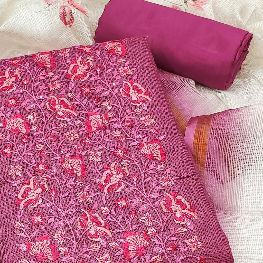 Magenta  Kota Doria Dress Material With Intricate Floral Motifs & Sparkling Sequins Embroidery
