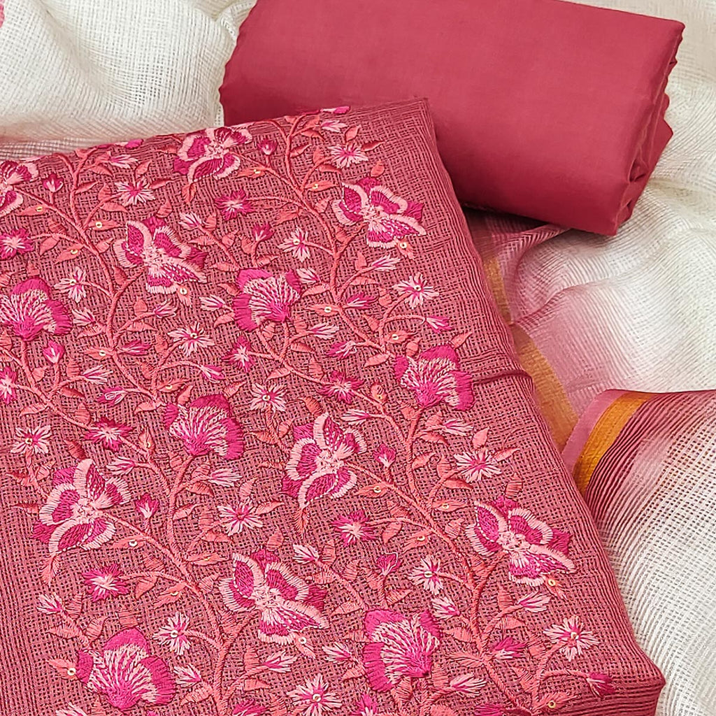 Pink Kota Doria Dress Material With Intricate Floral Motifs & Sparkling Sequins Embroidery