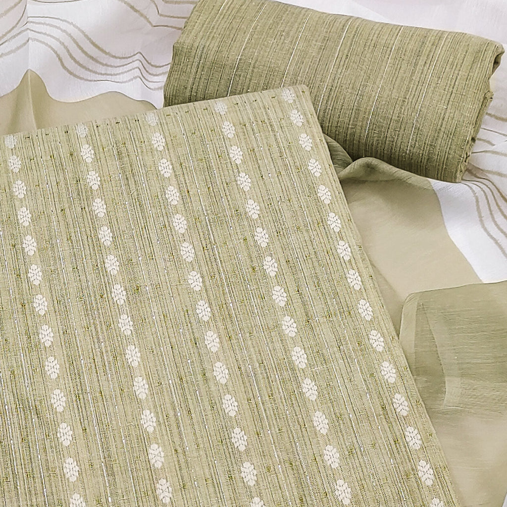 Classic Green Pure Cotton Dress Material Featuring Intricate Weaving