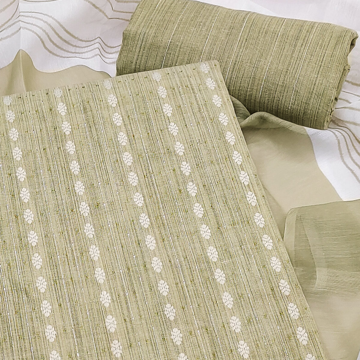 Classic Green Pure Cotton Dress Material Featuring Intricate Weaving