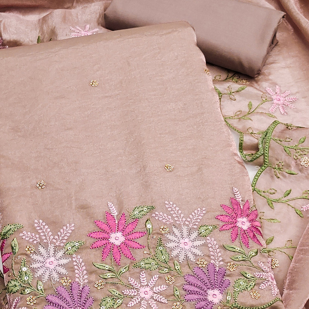 Designer Beige Satin Silk Dress Material with Fine Floral Embroidery