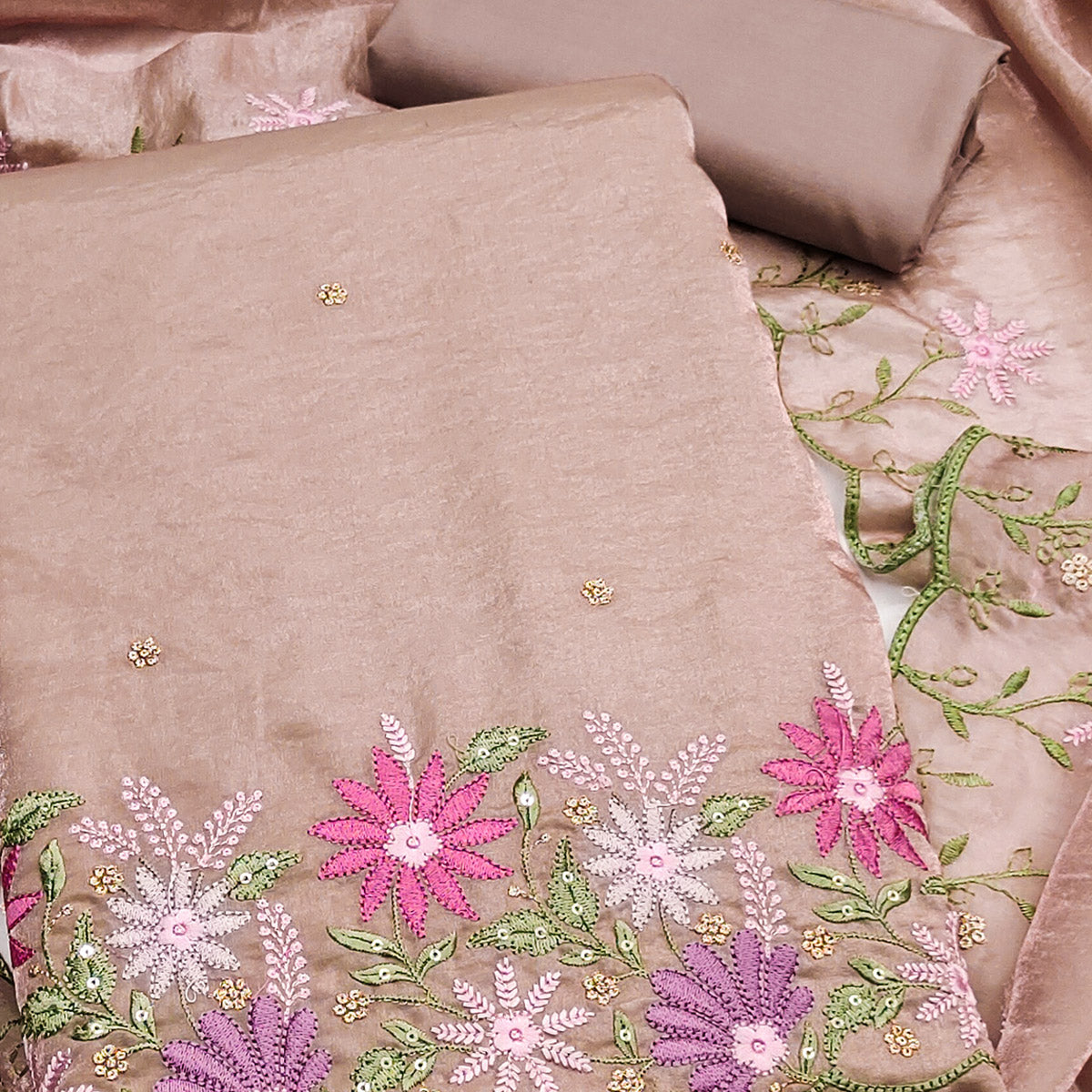 Designer Beige Satin Silk Dress Material with Fine Floral Embroidery