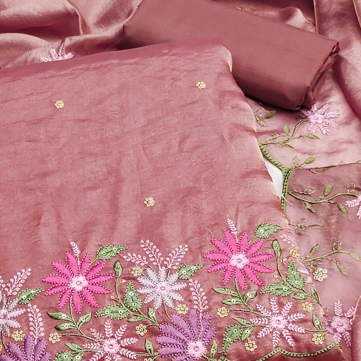 Designer Dusty Rose Pink Satin Silk Dress Material with Fine Floral Embroidery