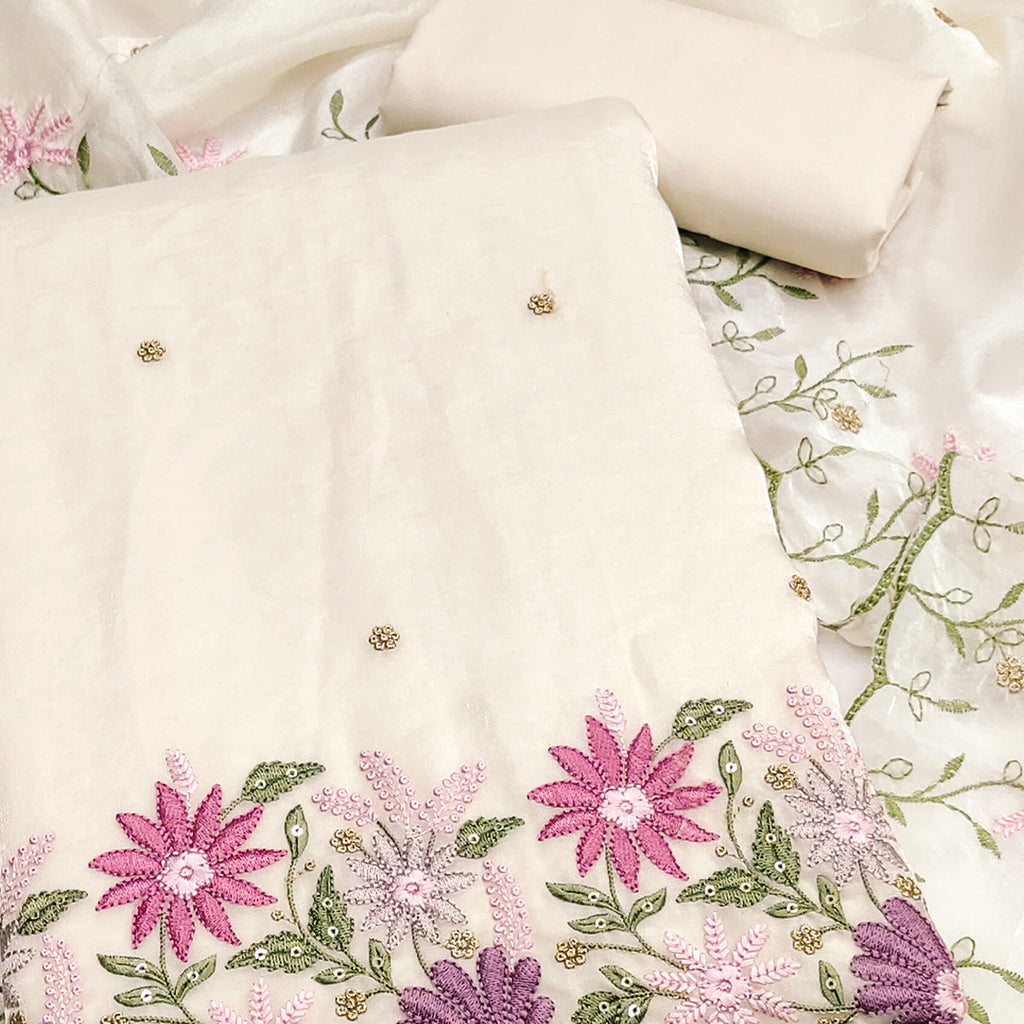Designer Off White Satin Silk Dress Material with Fine Floral Embroidery
