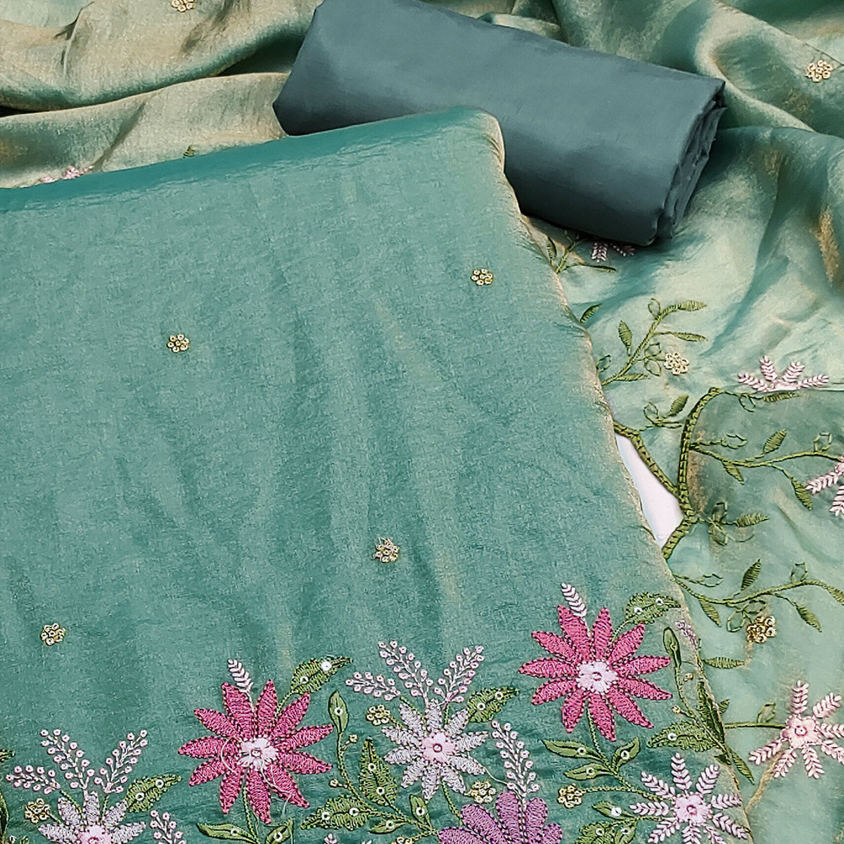 Designer Sea Green Satin Silk Dress Material with Fine Floral Embroidery