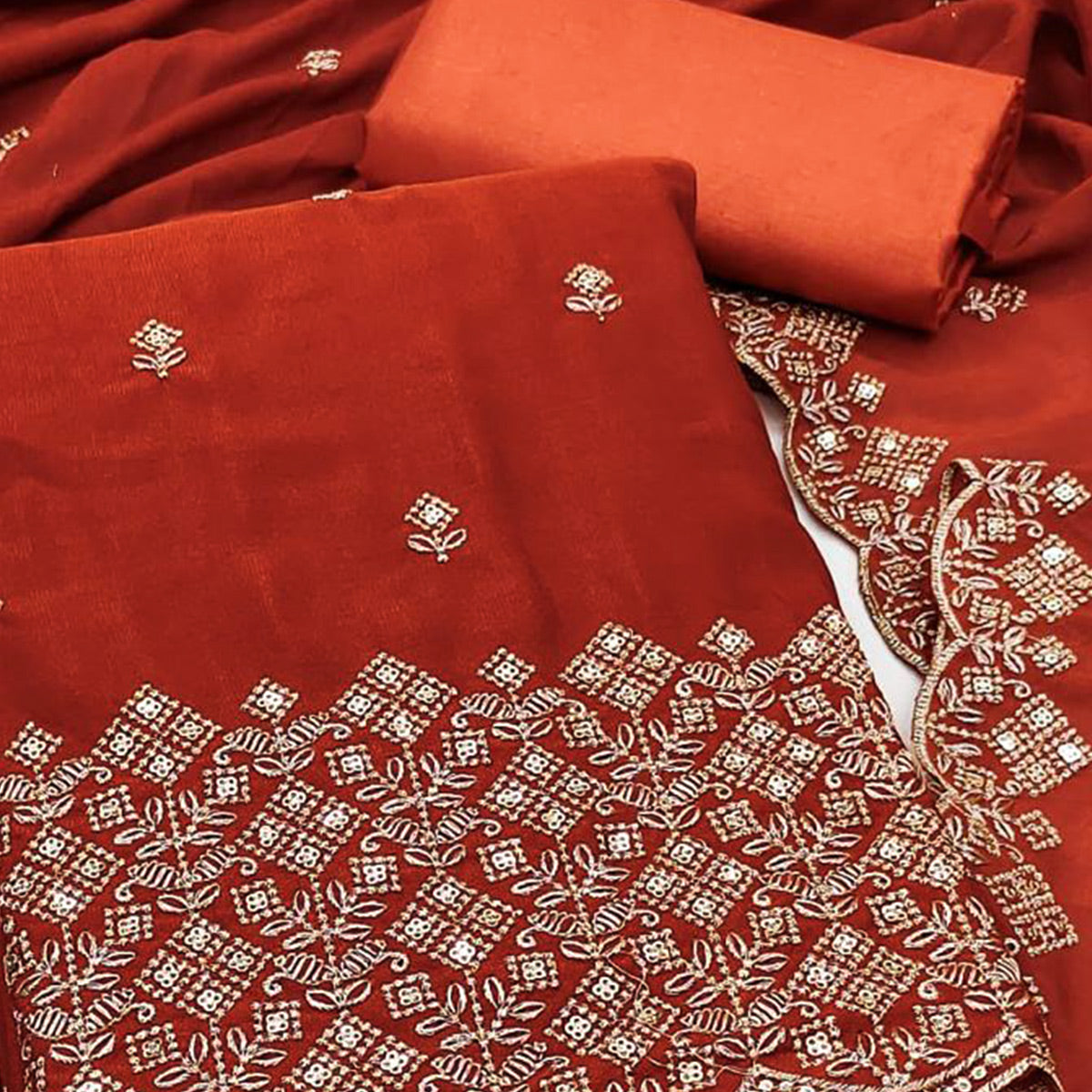 Festive Wear Rust Vichitra Silk Dress Material with Sequins Embellishment