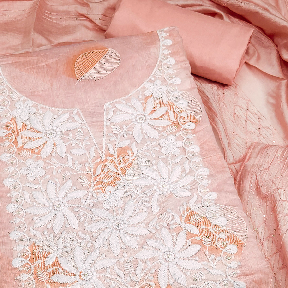 Peach Chanderi Cotton Dress Material Adorned With Floral Thread Embroidery & Sequins Work
