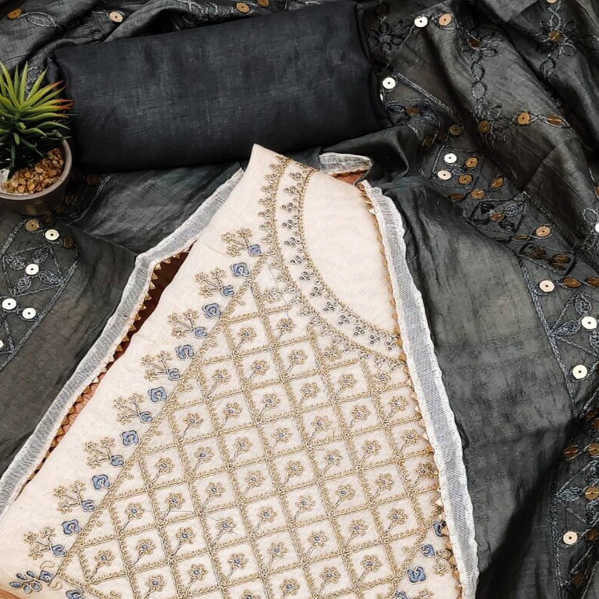 Cream Floral Embroidered Modal Dress Material