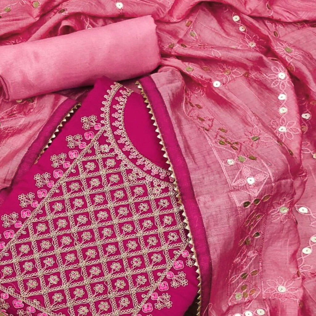 Pink Floral Embroidered Modal Dress Material