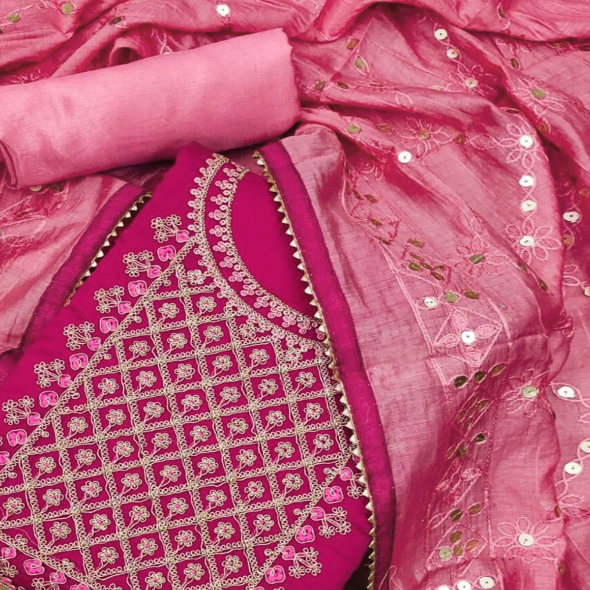 Pink Floral Embroidered Modal Dress Material