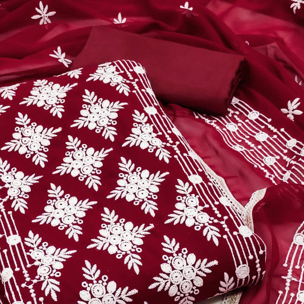 Maroon Floral Embroidered Georgette Dress Material