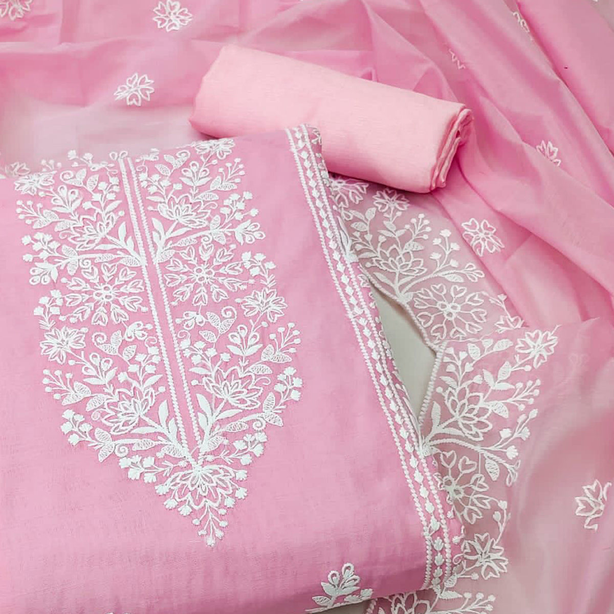 Pink Floral Embroidered Modal Dress Material