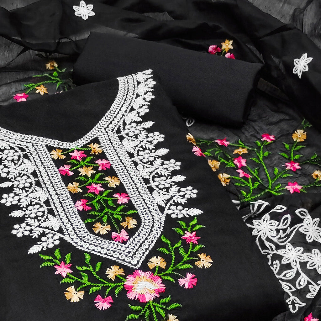 Black Floral Embroidered Chanderi Dress Material