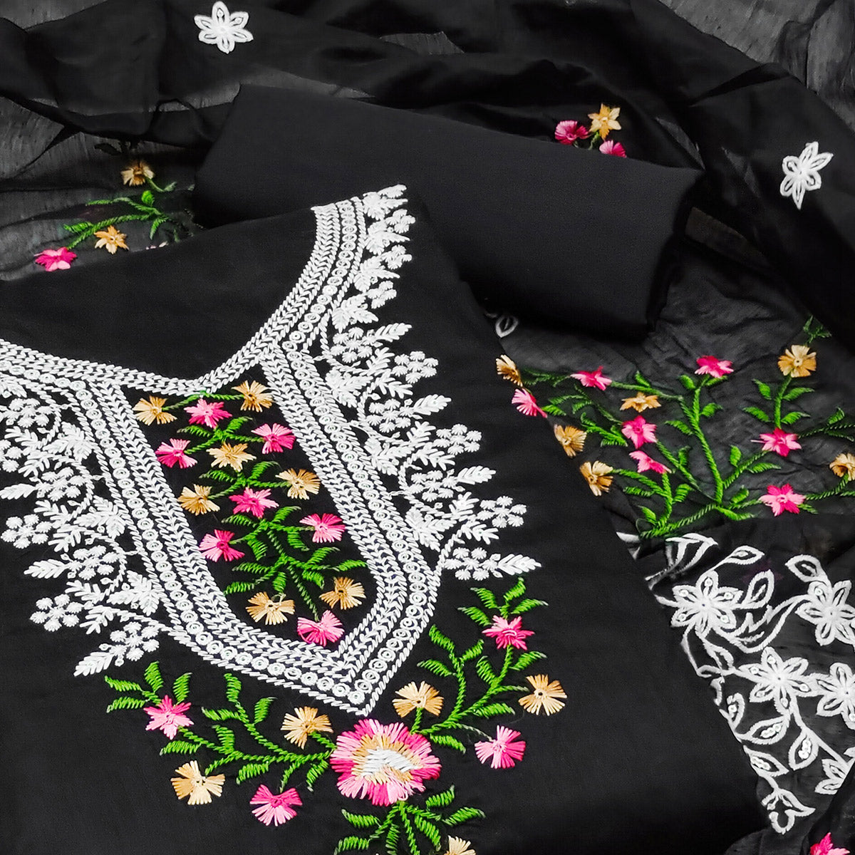 Black Floral Embroidered Chanderi Dress Material