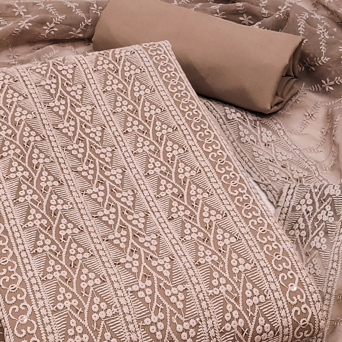 Brown Embroidered Georgette Dress Material