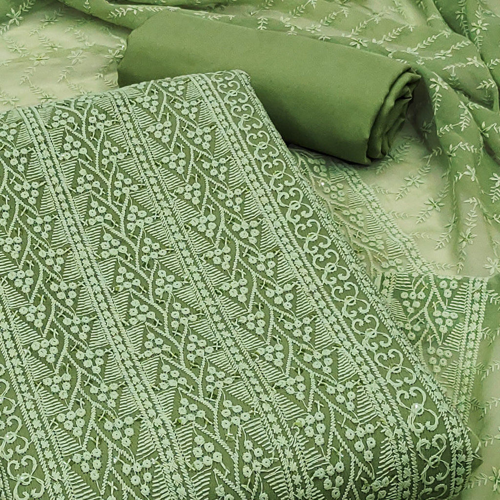 Green Embroidered Georgette Dress Material