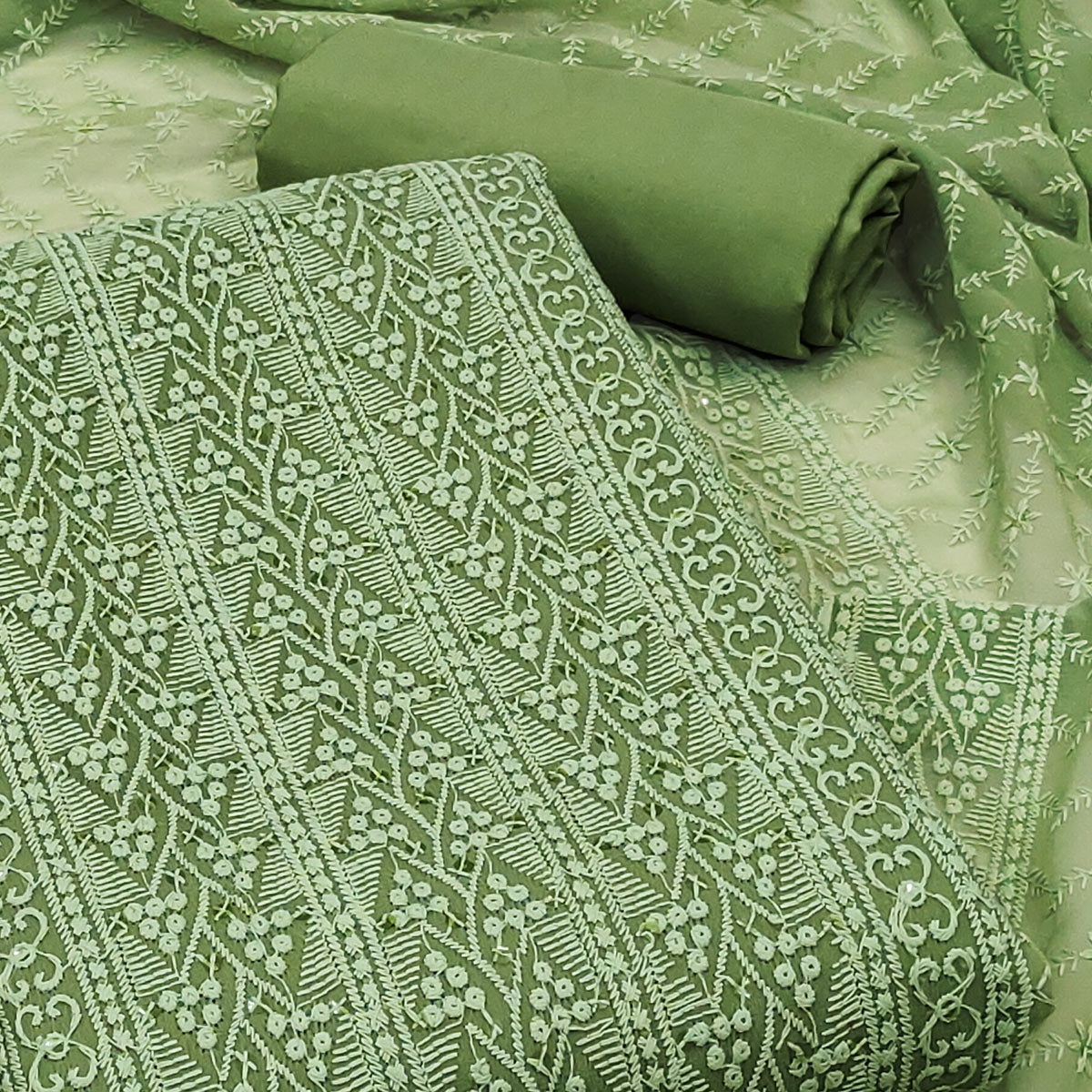 Green Embroidered Georgette Dress Material