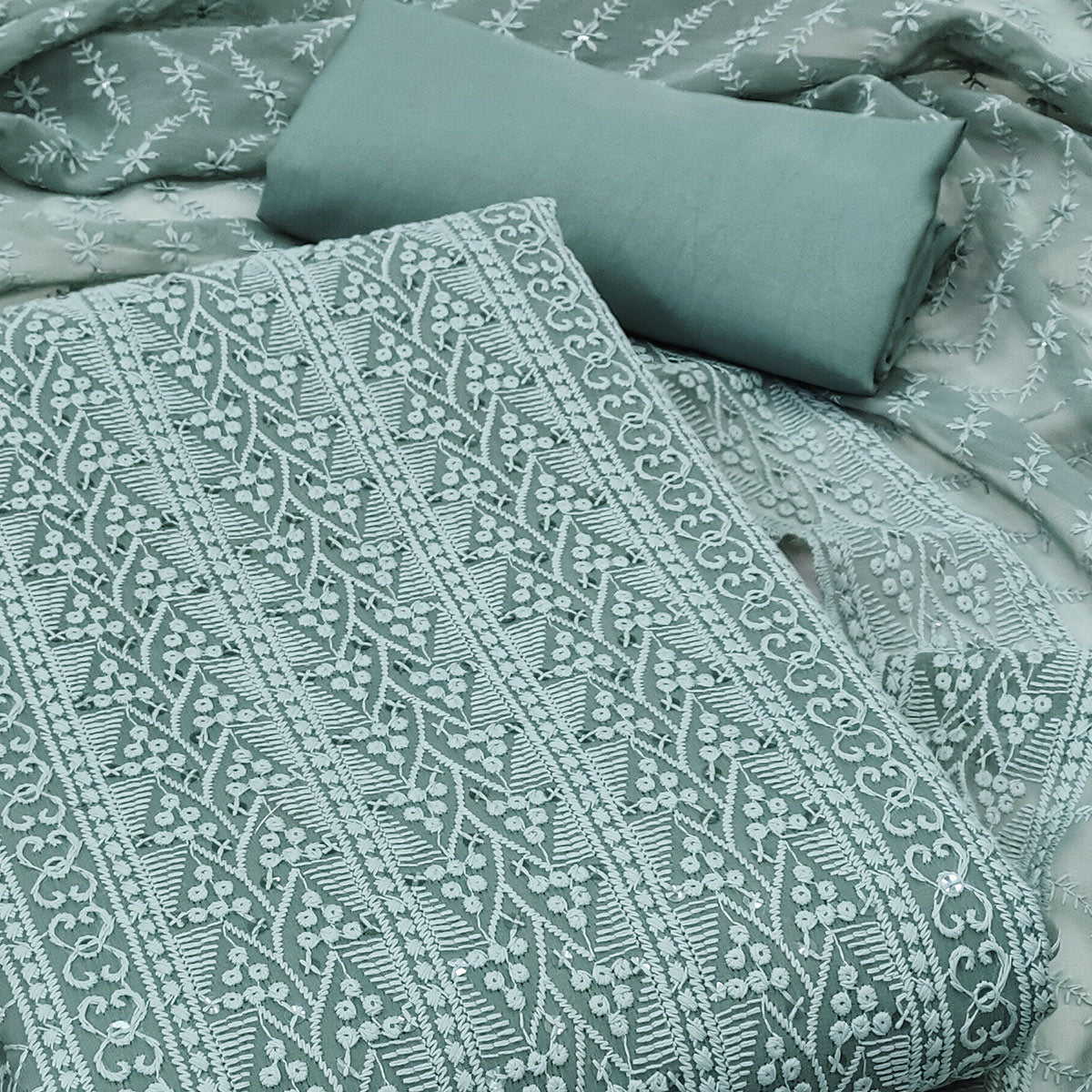 Grey Embroidered Georgette Dress Material