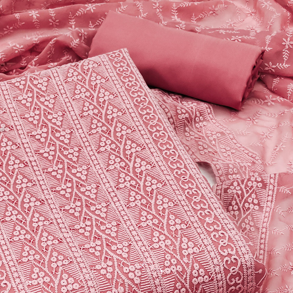 Pink Embroidered Georgette Dress Material