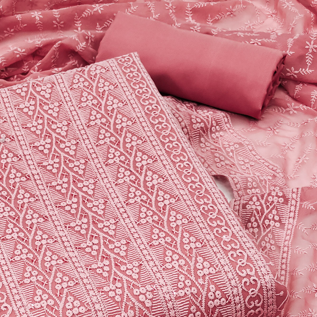 Pink Embroidered Georgette Dress Material
