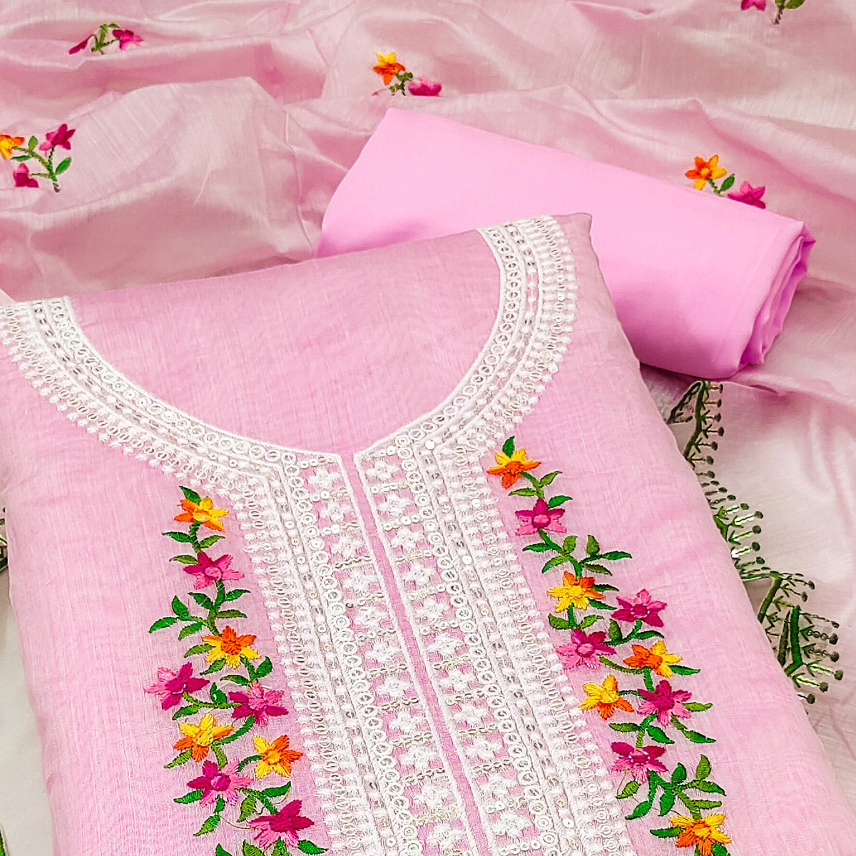 Pink Floral Embroidered Chanderi Dress Material