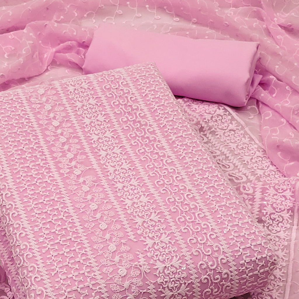 Pink Embroidered Georgette Dress Material