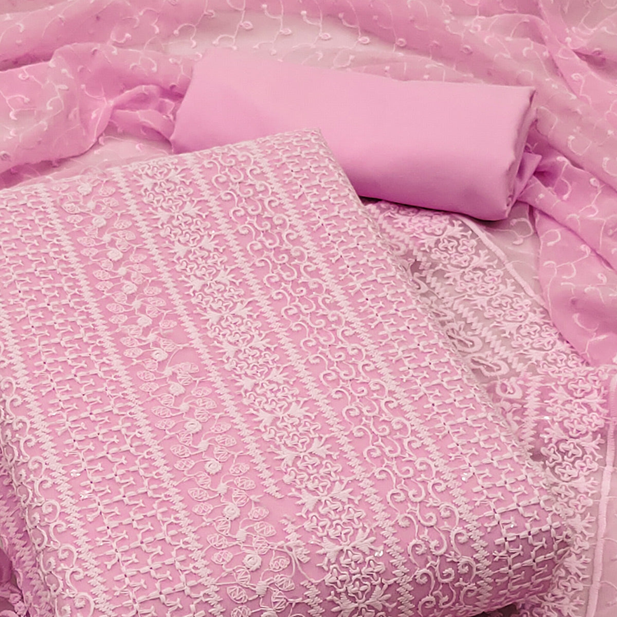Pink Embroidered Georgette Dress Material