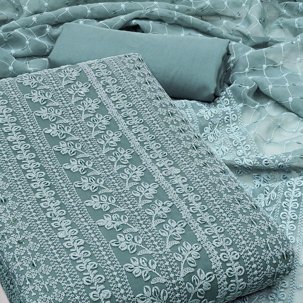 Dusty Teal Lucknowi Embroidered Georgette Dress Material