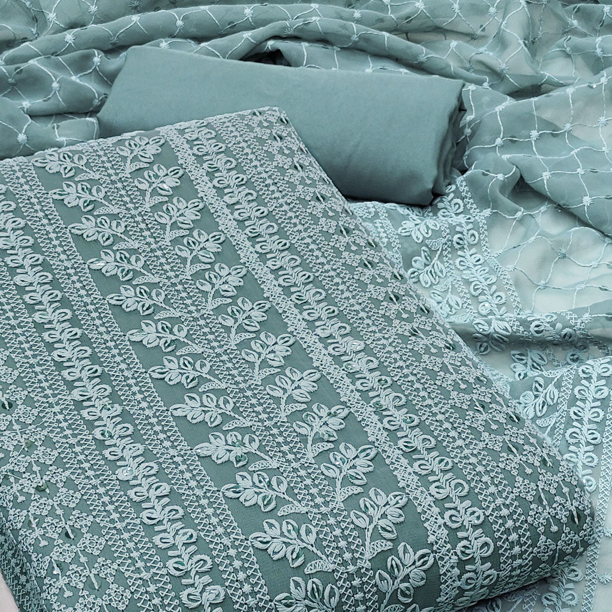 Dusty Teal Lucknowi Embroidered Georgette Dress Material