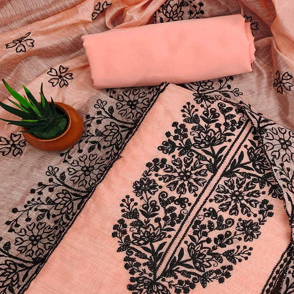 Peach Floral Embroidered Chanderi Dress Material