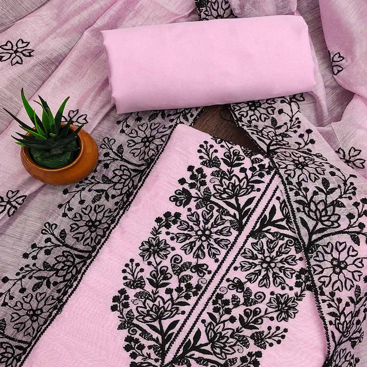Pink Floral Embroidered Chanderi Dress Material