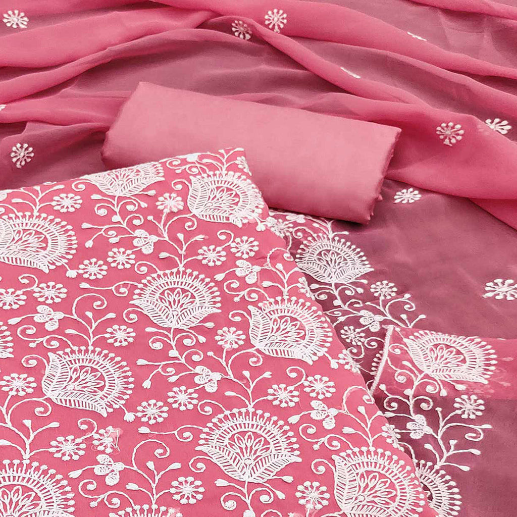 Pink Floral Embroidered Georgette Dress Material