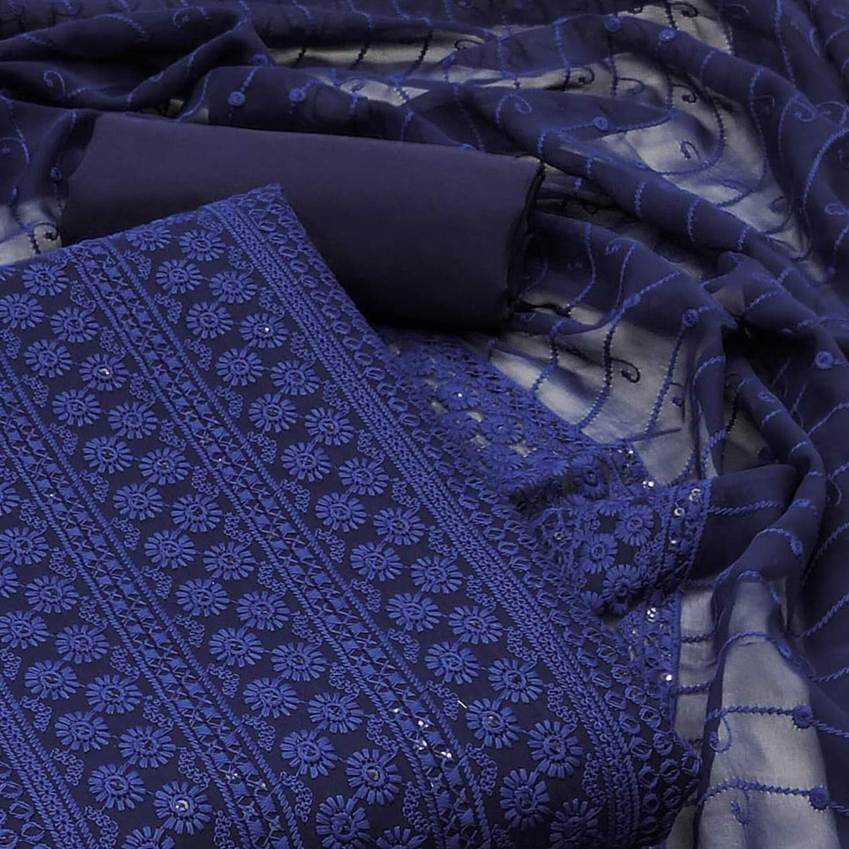 Navy Blue Floral Sequins Embroidered Georgette Dress Material