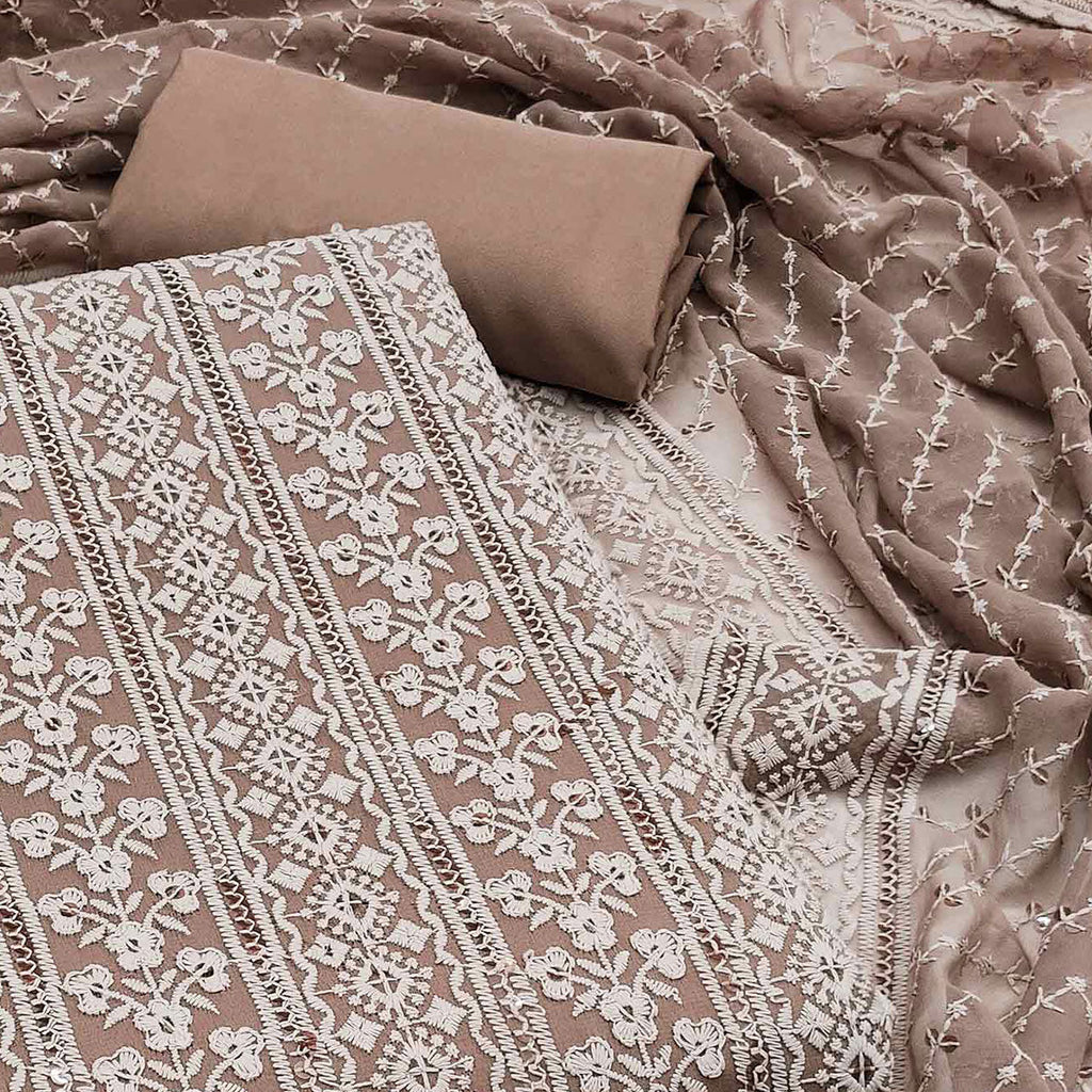 Brown Floral Sequins Embroidered Georgette Dress Material