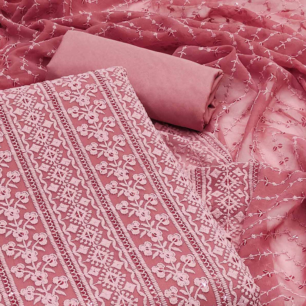 Gajari Pink Floral Sequins Embroidered Georgette Dress Material