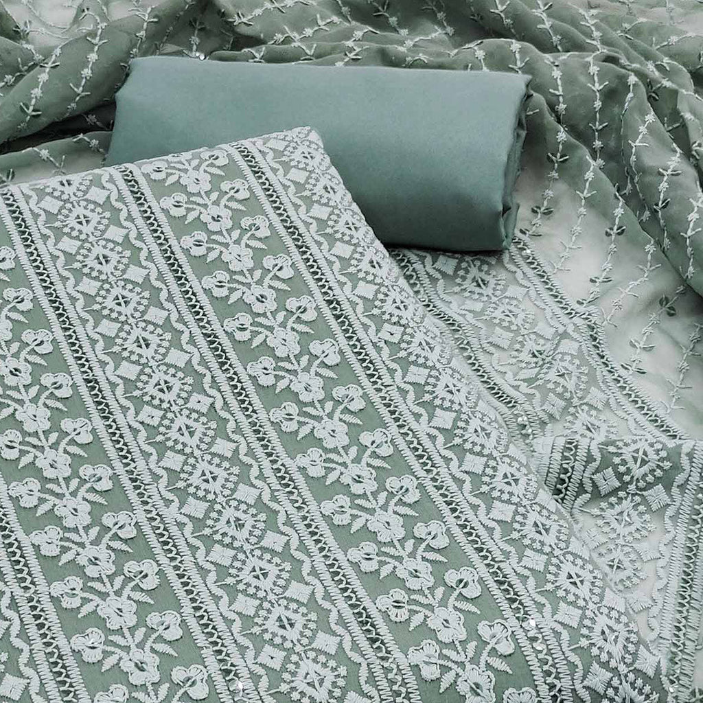 Grey Floral Sequins Embroidered Georgette Dress Material