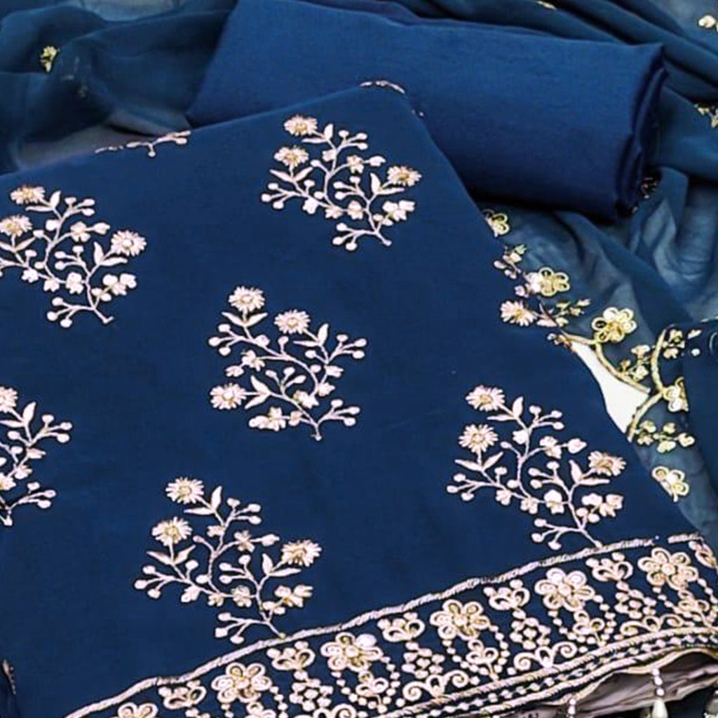 Blue Floral Sequins Embroidered Georgette Dress Material