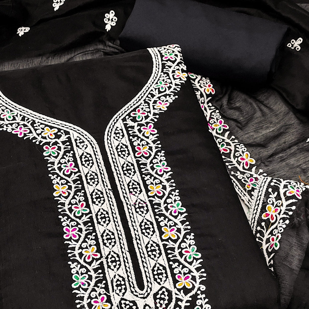 Black Chanderi Silk Dress Material Beautified with Intricate Floral Thread Embroidery