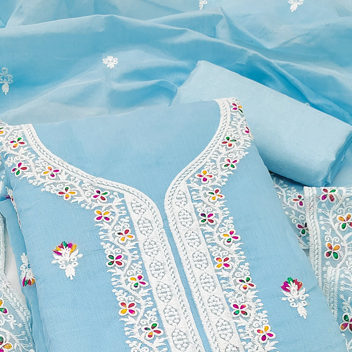 Blue Floral Embroidered Chanderi Dress Material