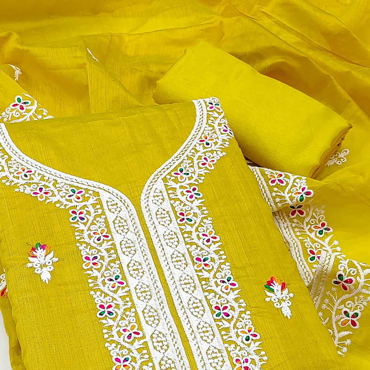 Lemon Yellow Floral Embroidered Chanderi Dress Material