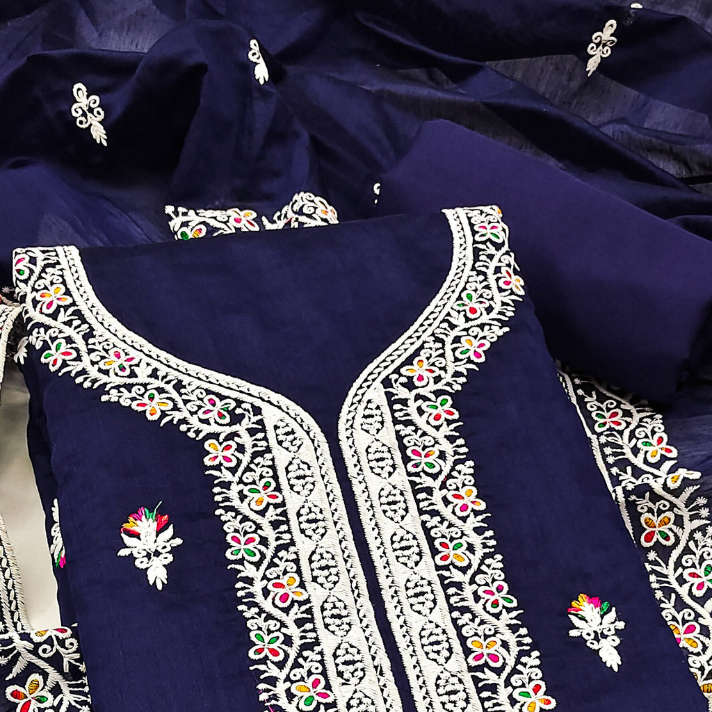 Navy Blue Floral Embroidered Chanderi Dress Material