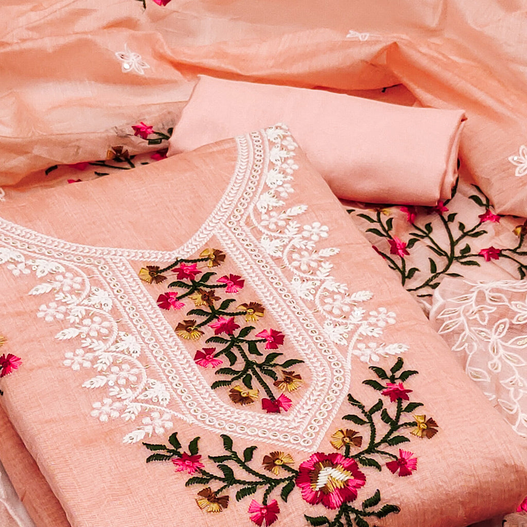 4Peach Floral Sequins Embroidered Chanderi Dress Material