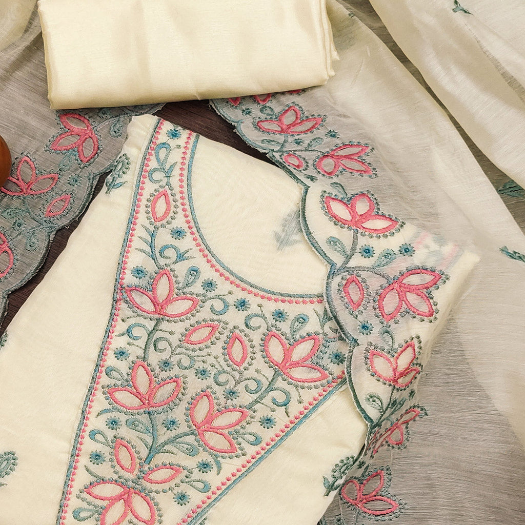 Cream Floral Embroidered Chanderi Dress Material