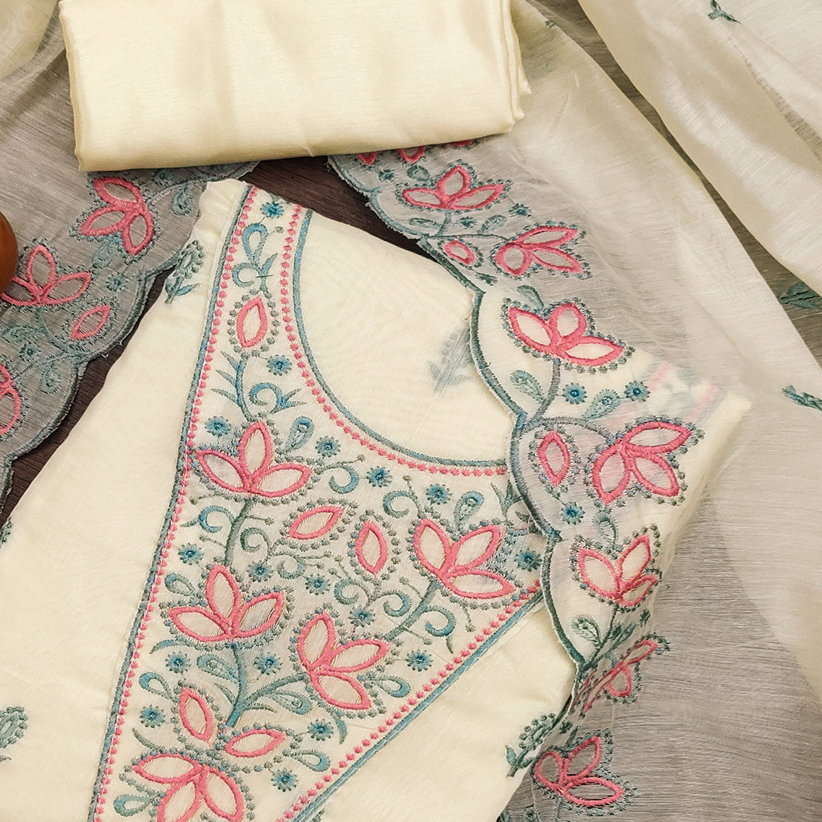 Cream Floral Embroidered Chanderi Dress Material