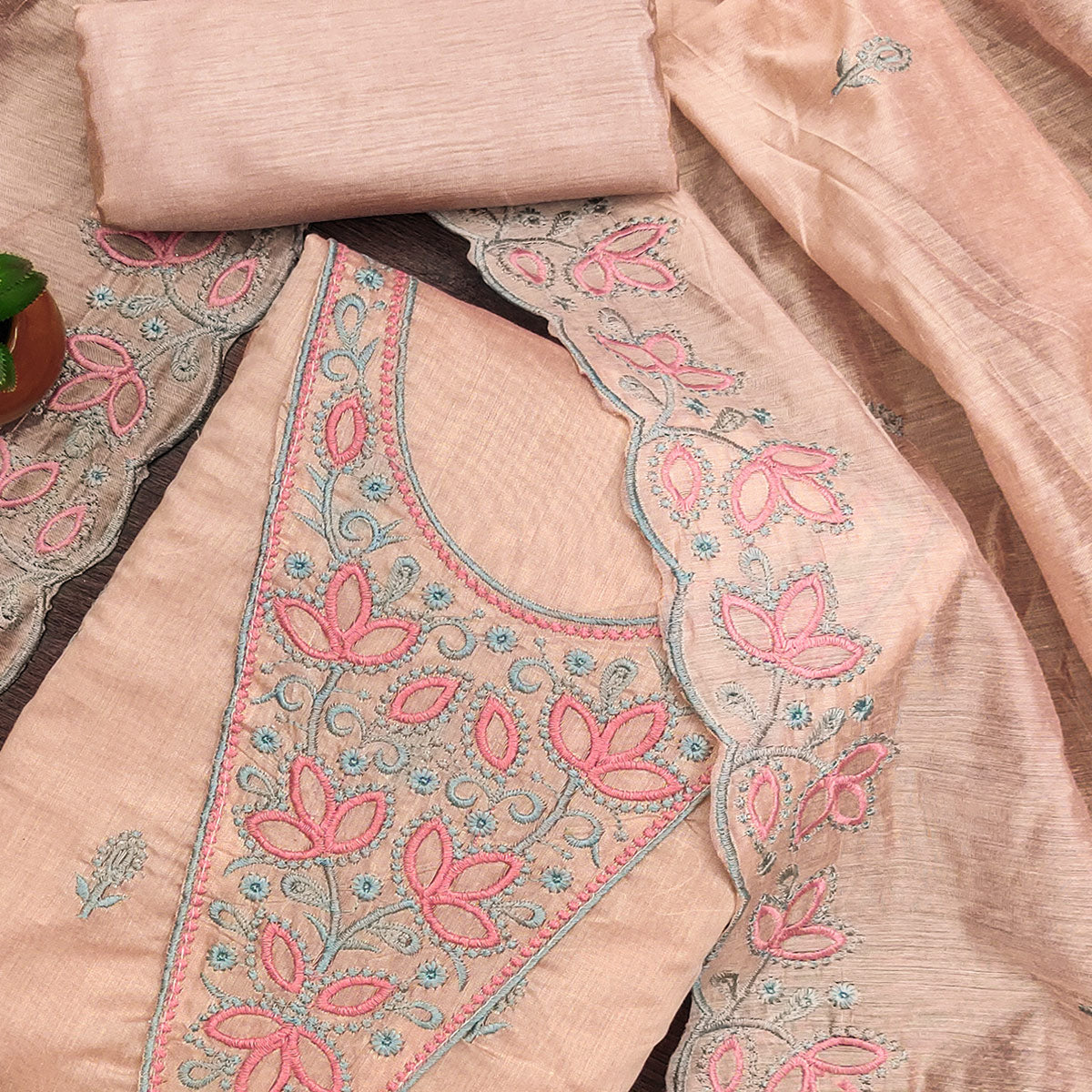 Light Peach Floral Embroidered Chanderi Dress Material