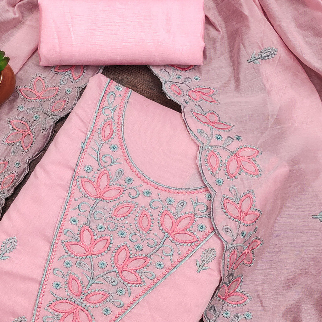Pink Floral Embroidered Chanderi Dress Material